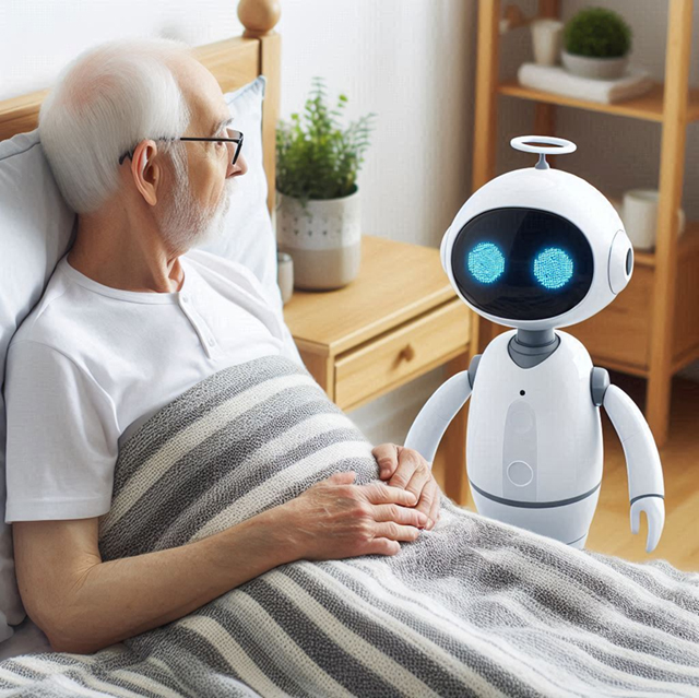 The picture shows a healthcare robot caring for an elderly person lying in bed.
